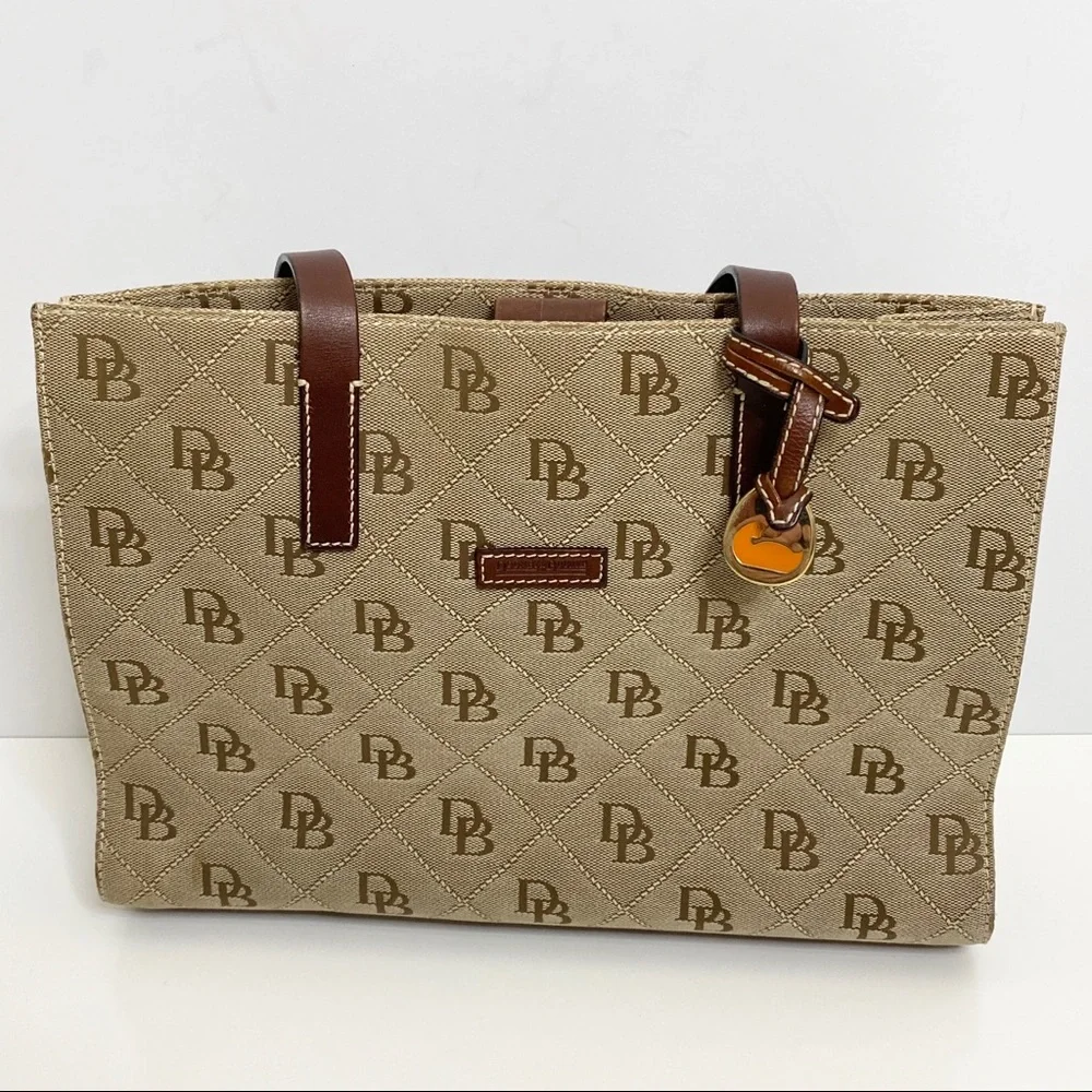 Dooney & Bourke Tan Logo Jacquard Tote with Brown Leather Trim